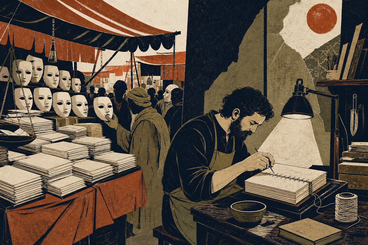 كاتب عند طاولة تحيط به صفحات وأقنعة سوقية في مفاضلة بين الكتابة وتجارة الكلام