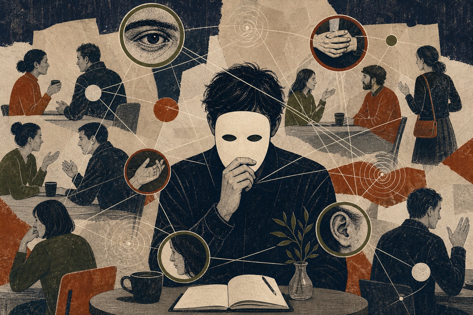 شخص متخفٍ بقناع يراقب مشهدًا اجتماعيًا من مقهى وتتصل حوله خيوط العلاقات