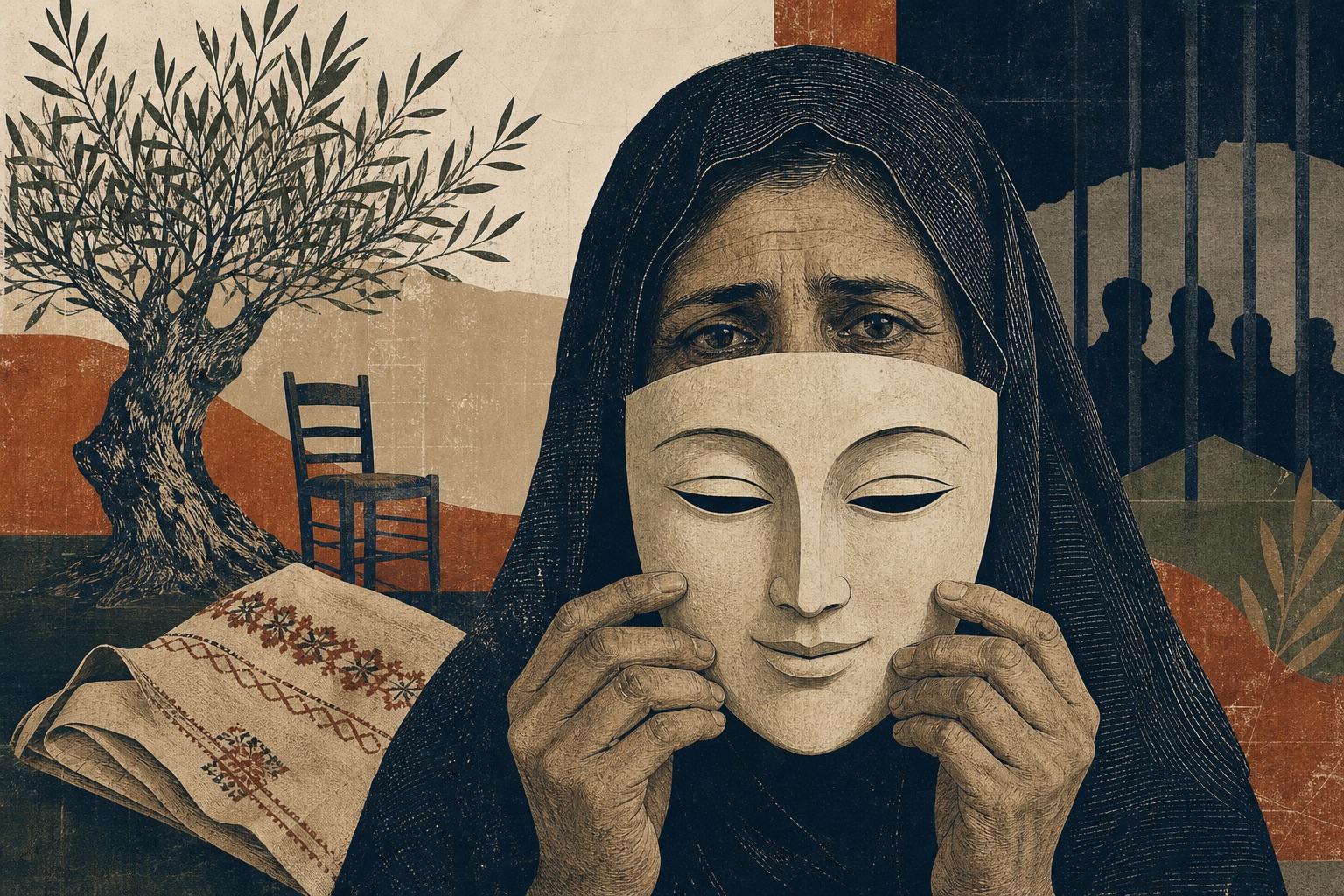 امرأة حزينة تمسك قناعًا هادئًا أمام شجرة زيتون ومشهد فقد لتمثيل الكذبة البيضاء